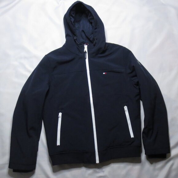 TOMMY HILFIGER mens JACKET navy blue HOODED rain BOMBER SIZE L - Picture 1 of 14